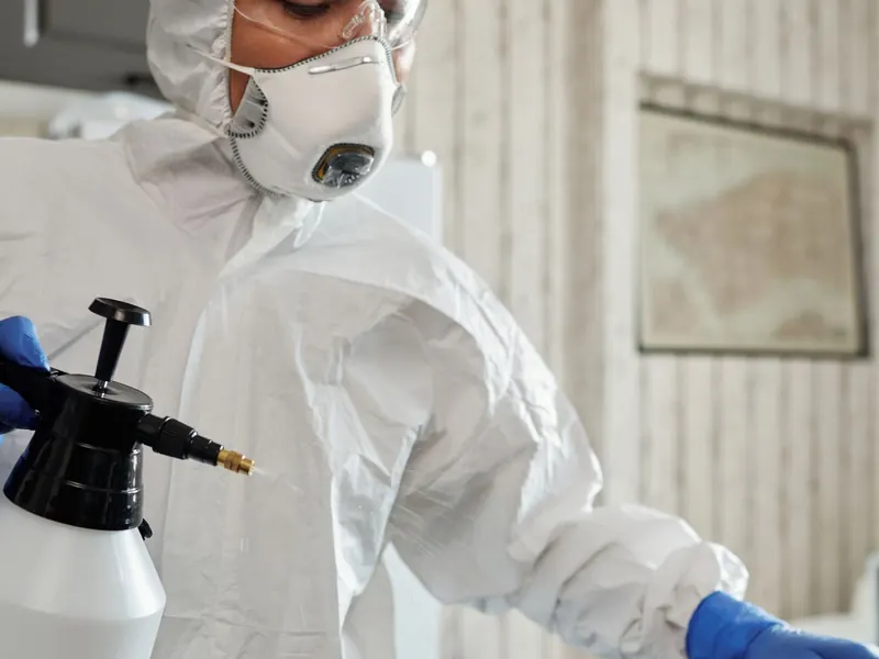 Profissional com equipamento de proteção a higienizar uma mesa